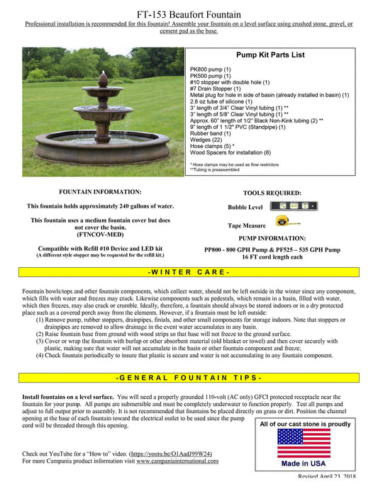 Campania International Beaufort Outdoor Water Fountain with Basin