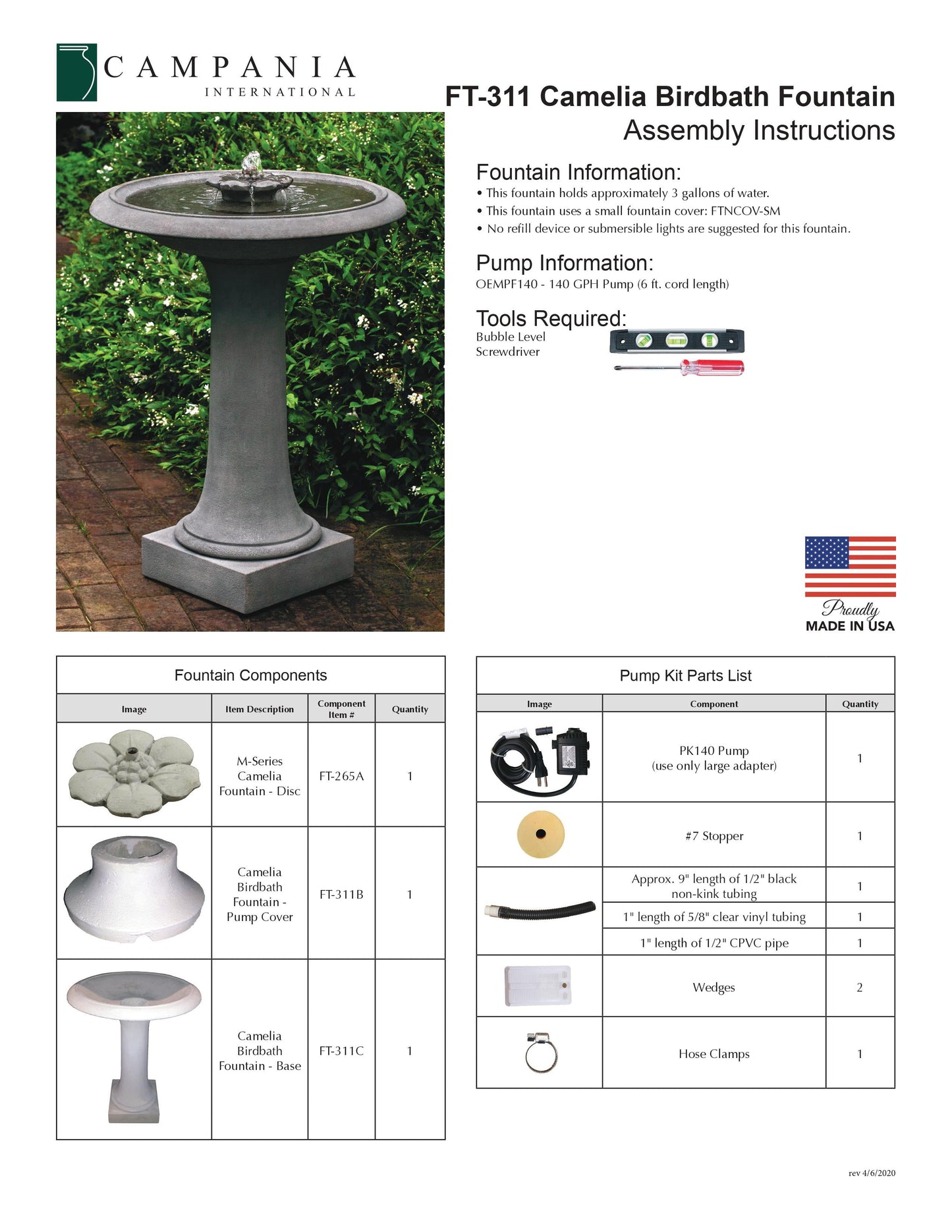 Campania International Camellia Birdbath Fountain