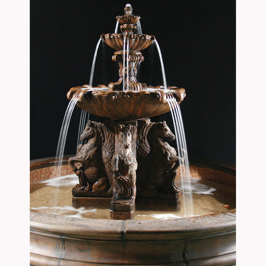Fiore Stone 2-Tier Cavalli Outdoor Fountain With 12 Foot Bracci Basin