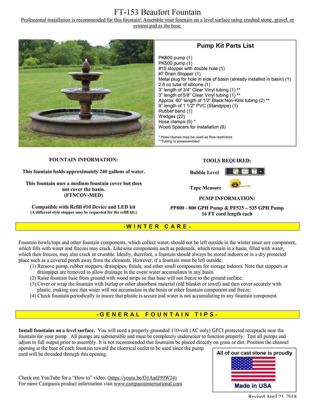 Campania International Beaufort Outdoor Water Fountain with Basin