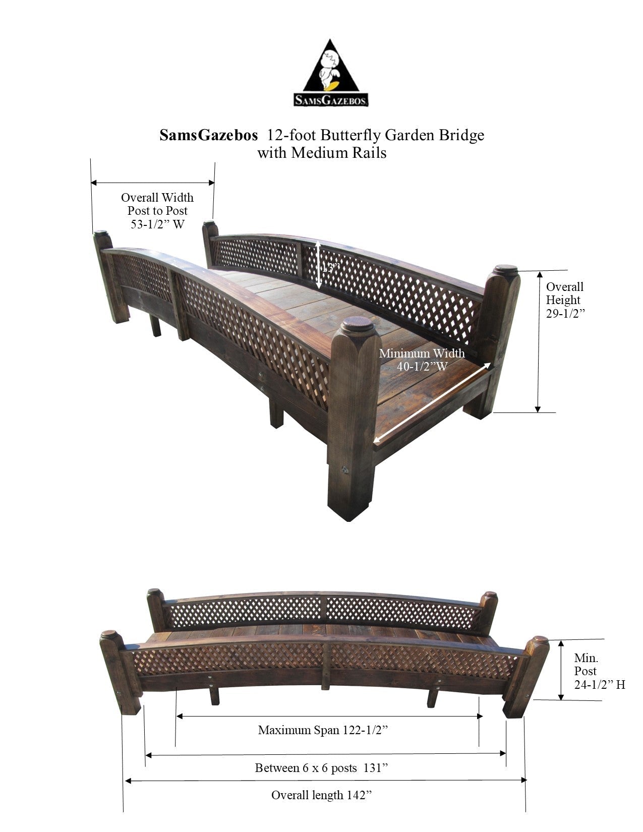 Butterfly Garden Bridge Medium Diamond Lattice Railings 12 ft.