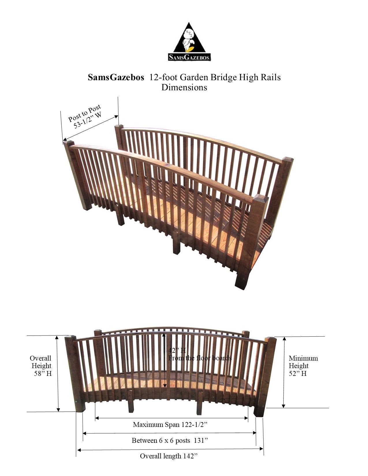 Wooden Garden Bridge with High Rails 12 ft.