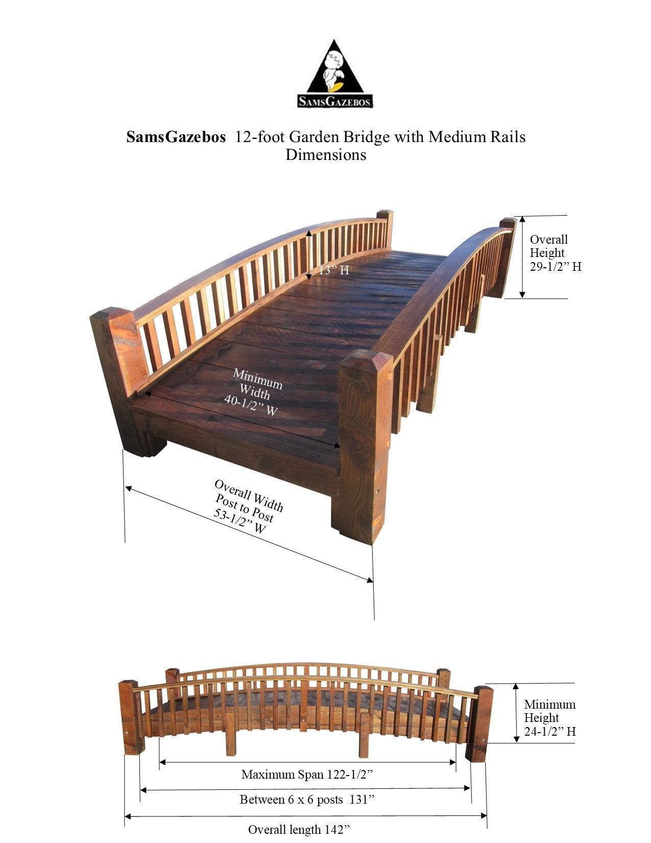 Wooden Garden Bridge Medium Rails 12 ft.