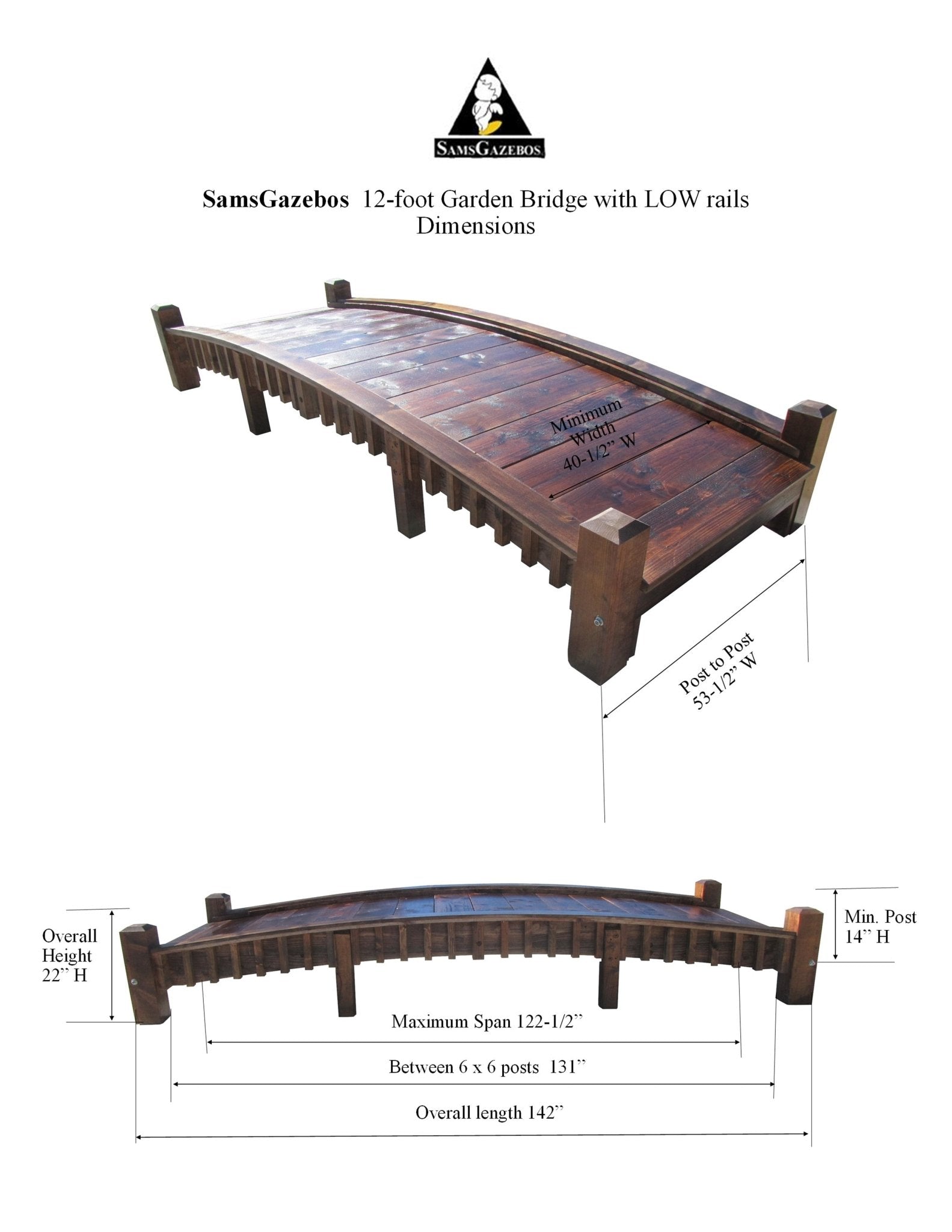 Wooden Garden Bridge with Low Rails 12 ft.