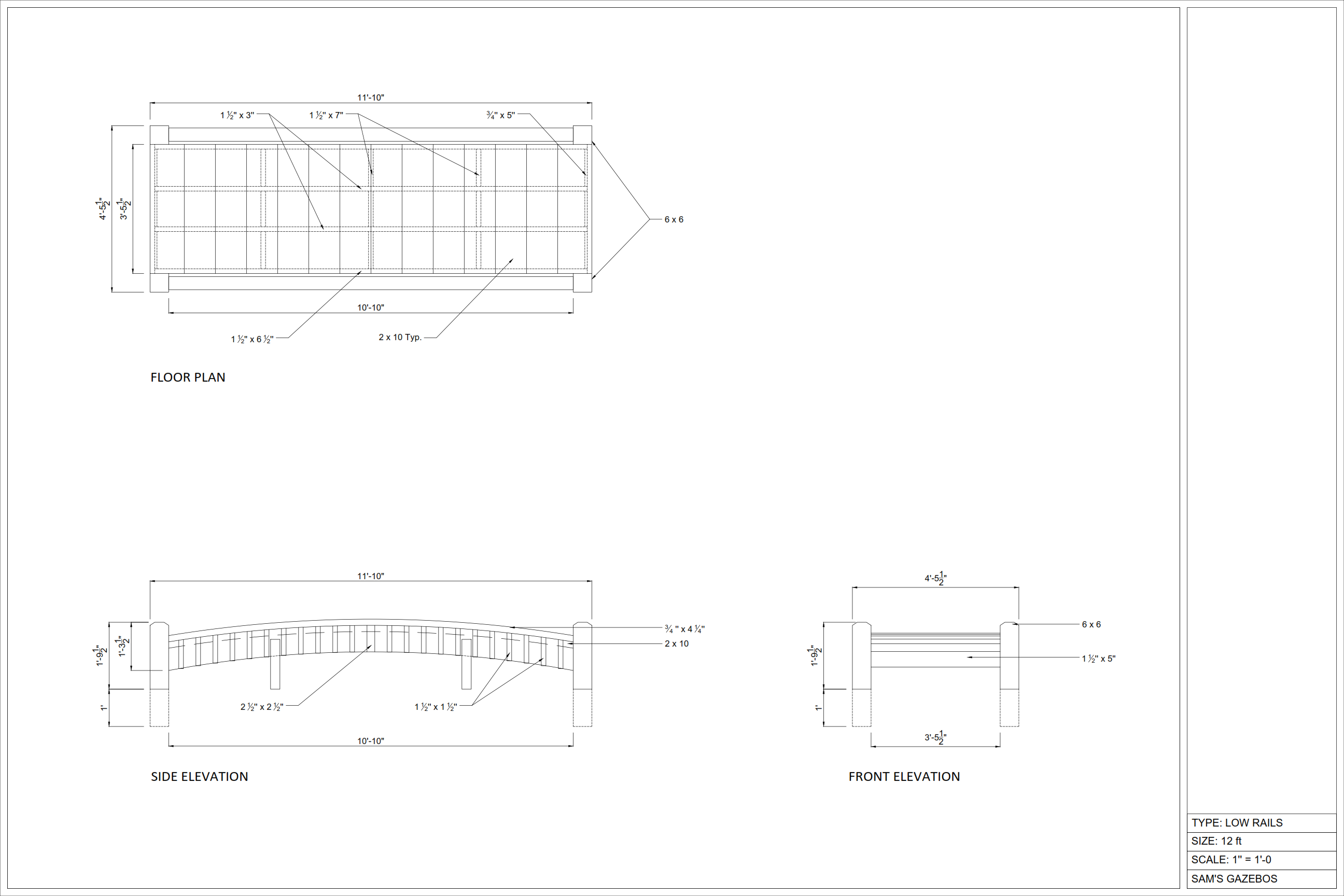 Wooden Garden Bridge with Low Rails 12 ft.