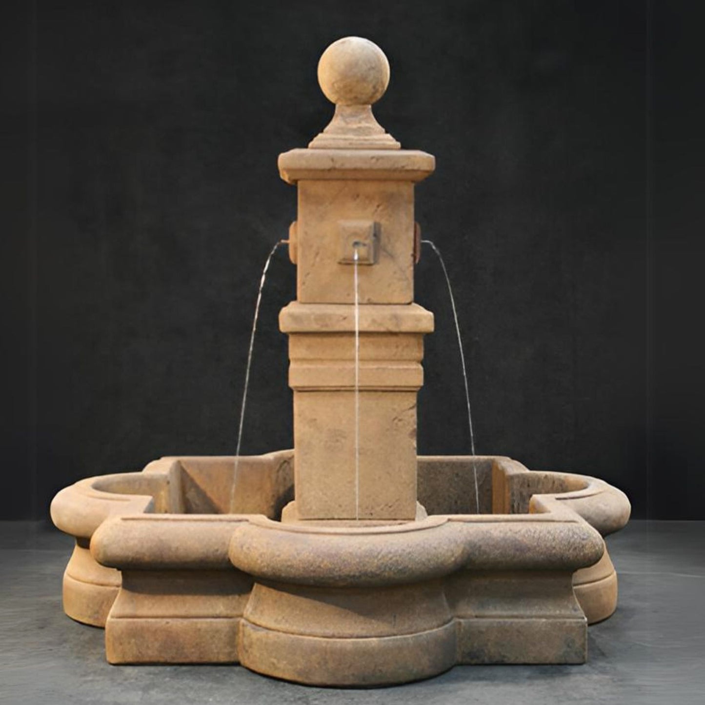 Fiore Bella Concrete Fountain in Quatrefoil Basin