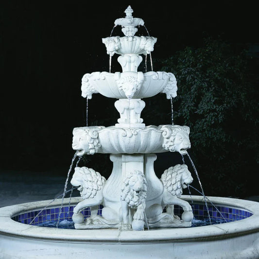 Fiore Stone 4 Tier Large Lion Fountain w/ Lion Pedestals in Cast Stone