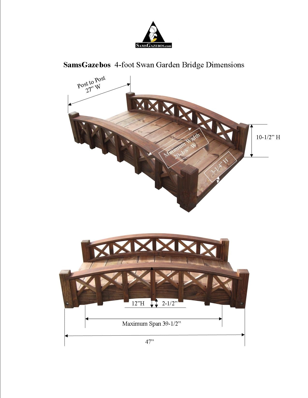 Swan Garden Bridge with Cross Halving Lattice Railings 4 ft.