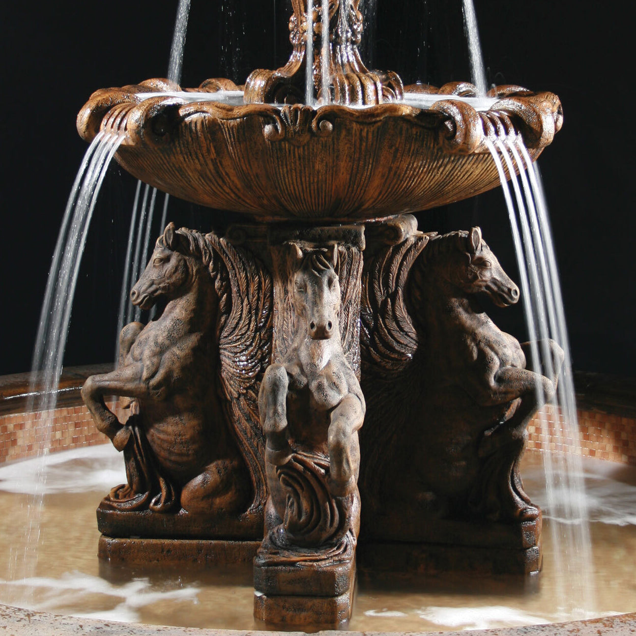 Fiore Stone 2-Tier Cavalli Outdoor Fountain With 12 Foot Bracci Basin