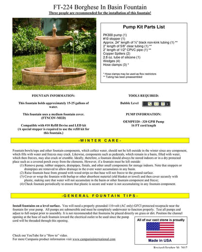 Borghese Garden Water Fountain with Basin Campania International
