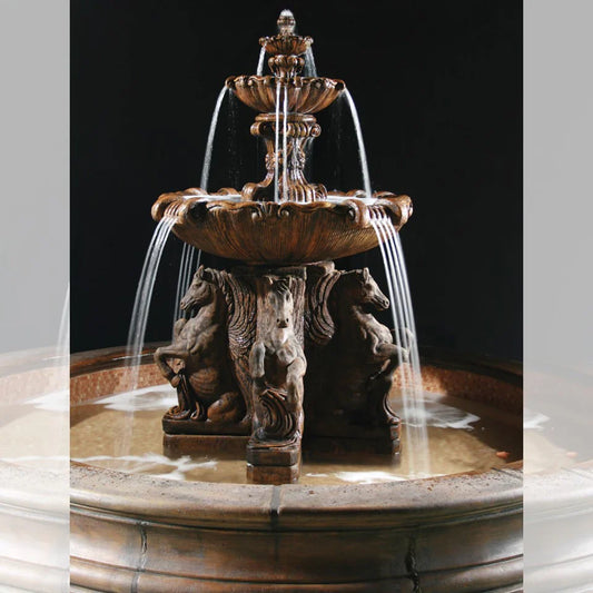 Fiore Stone Cavalli 2 Tiered Fountain with Bracci Basin in Cast Stone