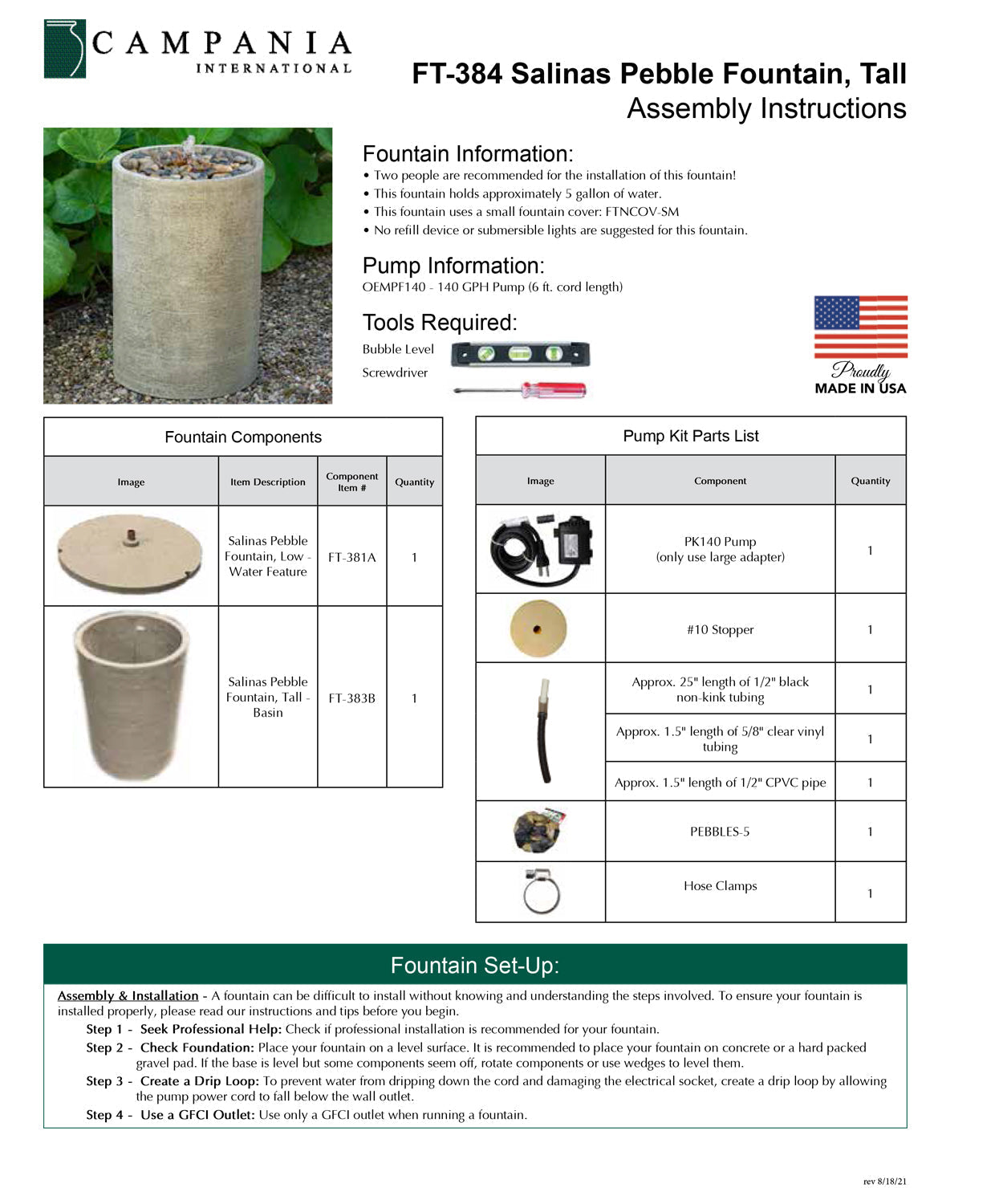 Campania International Salinas Pebble Outdoor Garden Fountain, Tall