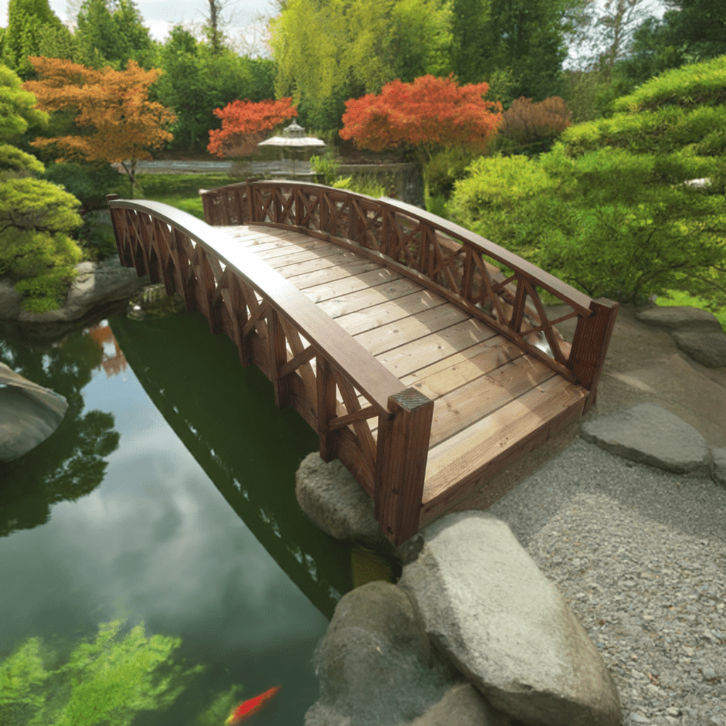 Swan Wooden Garden Bridge with Half Halving Lattice Railings 8 ft.