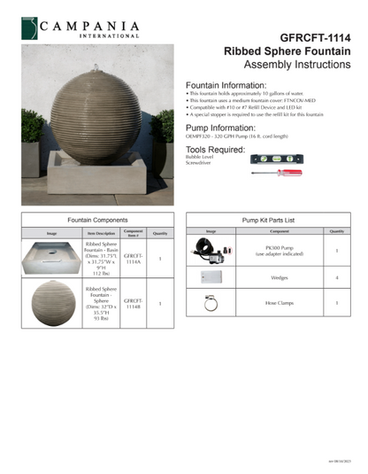Campania International Ribbed Sphere Outdoor Water Fountain